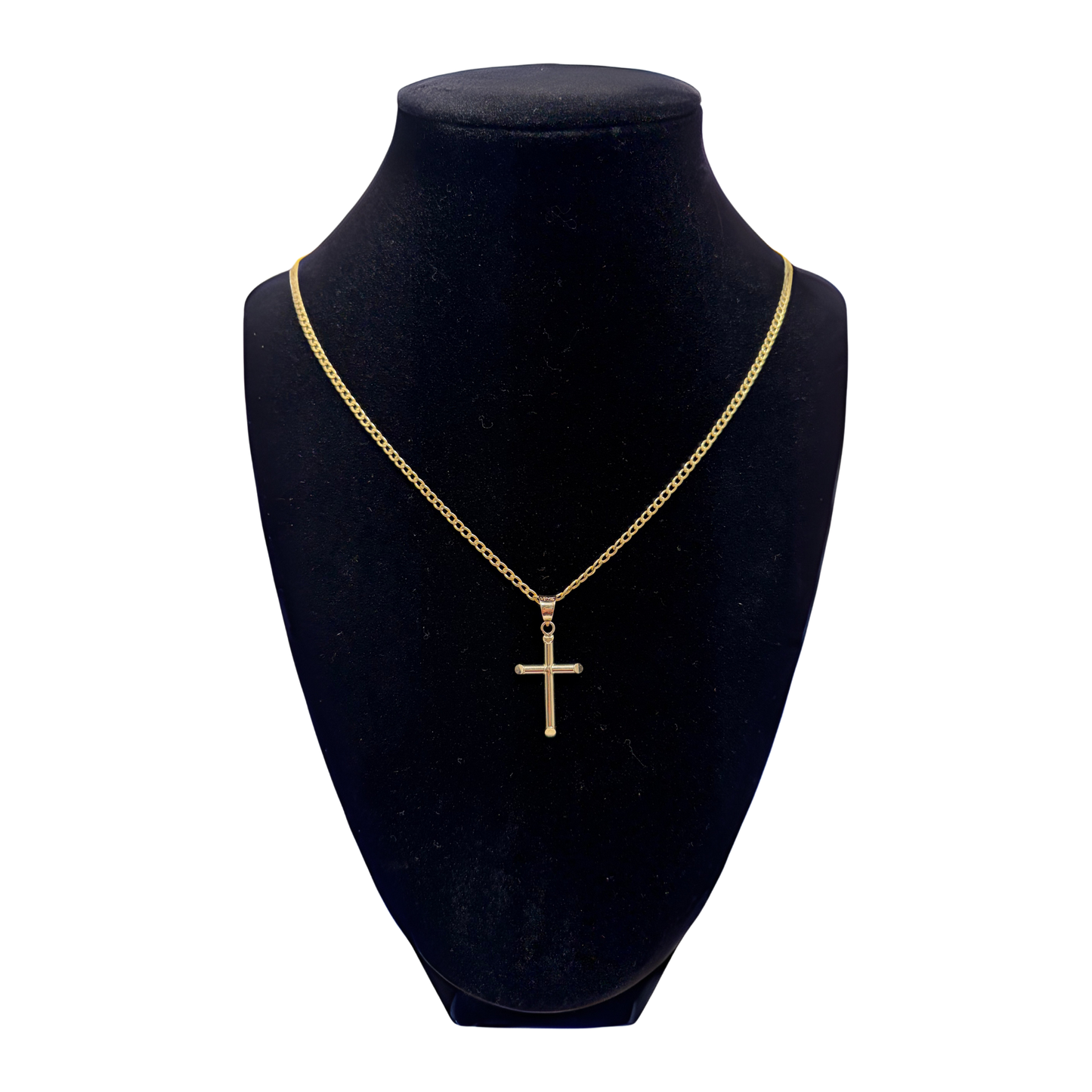 14K Gold Cross Pendant on Hollow Flat Curb Chain