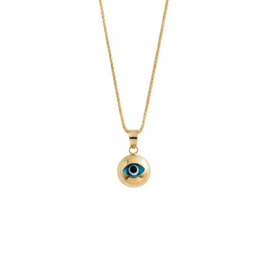 14K Gold Thin Wheat Chain with Turkish Eye Pendant