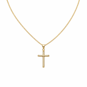 14K Gold Cross Pendant on Hollow Flat Curb Chain – Religious Luxury Necklace Set