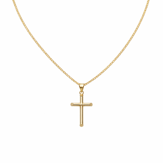 14K Gold Cross Pendant on Hollow Flat Curb Chain