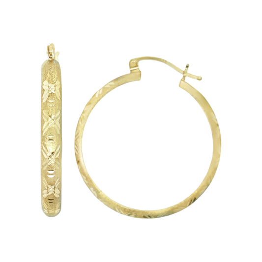 14K Gold Carved Hoop Earrings
