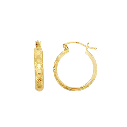 14K Gold Carved Hoop Earrings