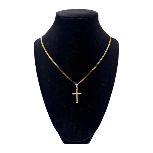 14K Gold Cross Pendant on Hollow Flat Curb Chain