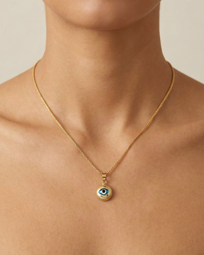 14K Gold Thin Wheat Chain with Turkish Eye Pendant