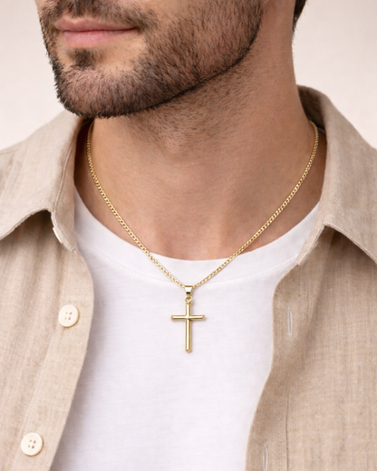 14K Gold Cross Pendant on Hollow Flat Curb Chain